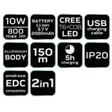 Latarka akumulatorowa USB 800lm 2w1 CREE T6 LED NEO TOOLS GTX 99-033 GTX Poland