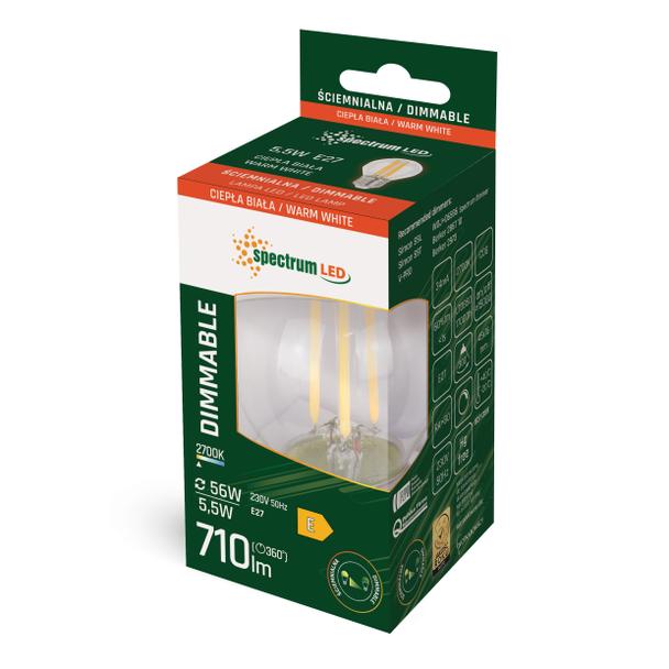 LED KULKA E-27 230V 5.5W COG WW CLEAR DIMMABLE SPECTRUM