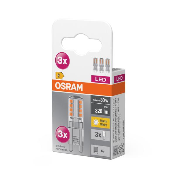 Żarówka LED x3 Kapsułka G9 2.6W = 30W 320lm 2700K Ciepła 300° BASE Osram