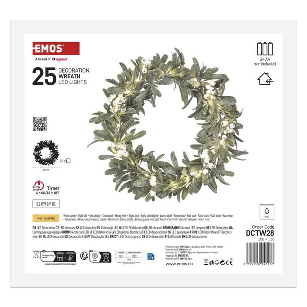 Wieniec świateczny jemioła 25 LED 3xAA ciepła biel IP20 timer DCTW28 EMOS
