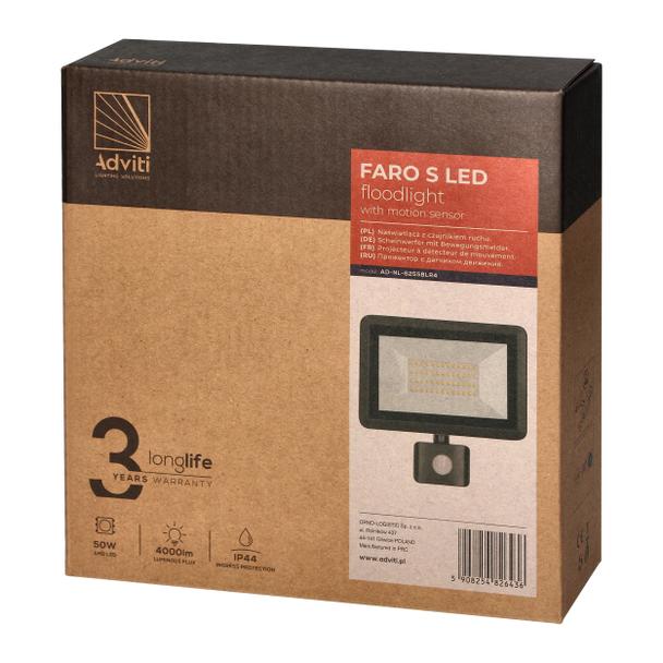 FARO S LED 50W naświetlacz z PIR 4000lm, IP44, 4000K, aluminium + szkło AD-NL-6255BLR4 ORNO