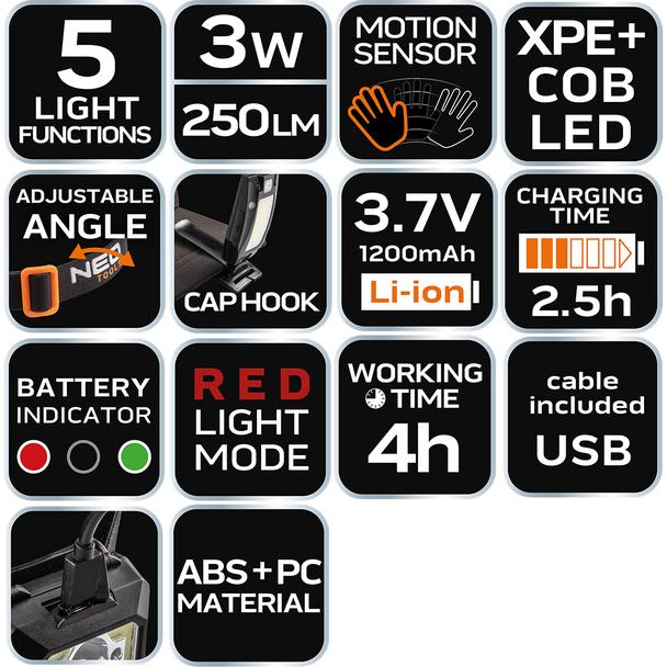Latarka czołowa akumulatorowa USB 250 lm COB LED + czujnik ruchu NEO TOOLS GTX 99-073 GTX Poland