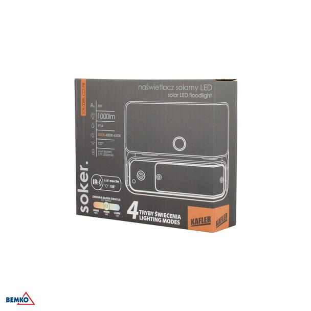 NAŚWIETLACZ LAMPA SOLARNA LED 3 barwy świecenia SOKER 8W 1000lm 3000K/4000K/6500K IP54 CZARNY Czujni C83-SOK-008BL-CCT-PIR BEMKO