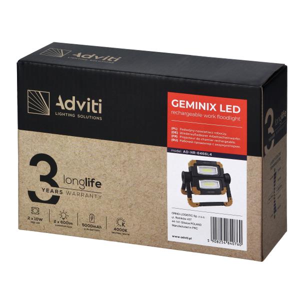 GEMINIX LED 2x10W, podwójny naświetlacz roboczy, przenośny z akumulatorem, 1200lm, IP44, 4000K, 5000 AD-NR-6466L4 ORNO