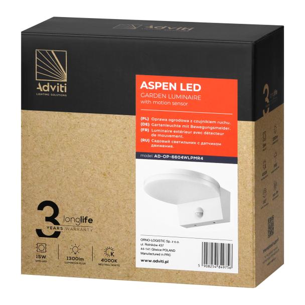 ASPEN LED 15W, oprawa ogrodowa z czujnikiem ruchu PIR, 1300lm, IP65, 4000K, biała AD-OP-6604WLPMR4 ORNO
