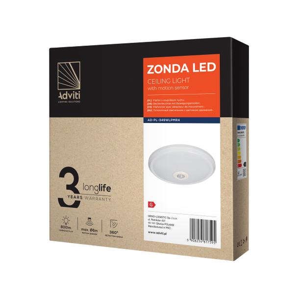 ZONDA LED 12W, plafon z czujnikiem ruchu, 800lm, IP20, 4000K, poliwęglan mleczny, biały AD-PL-349WLPMR4 ORNO