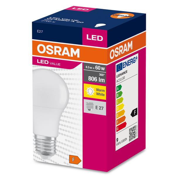 Żarówka LED A60 E27 8.5W = 60W 806lm 2700K Ciepła 200° VALUE CLASSIC Osram