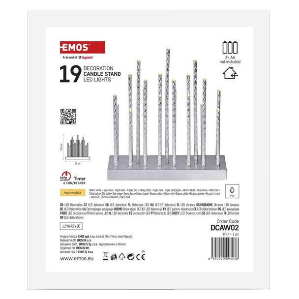 Świąteczny świecznik srebrny 19 LED 28 cm 3x AA ciepła biel IP20 timer DCAW02 EMOS