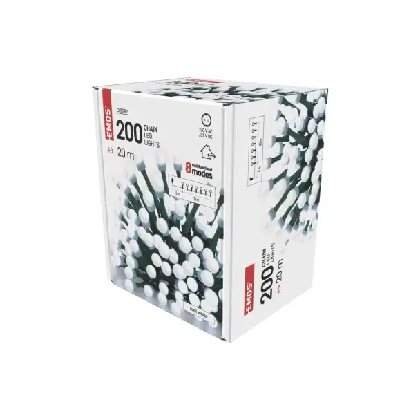 Lampki choinkowe 200 LED cherry 20m zimna biel zielony przewód 8 programów IP44 D5AC07 EMOS