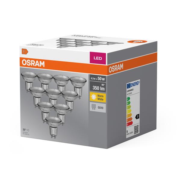 Żarówka LED x10 PAR16 Reflektor GU10 4.3W = 50W 350lm 2700K Ciepła 36° BASE Osram