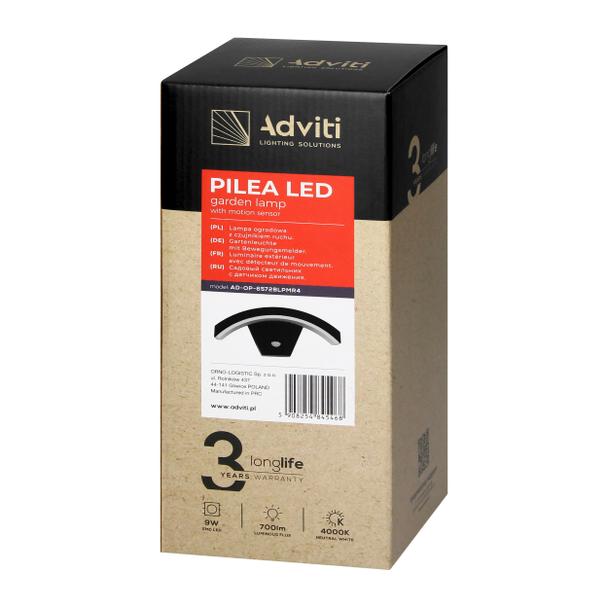 PILEA LED 9W, lampa ogrodowa z czujnikiem PIR, 700lm, IP54, 4000K, czarna AD-OP-6572BLPMR4 ORNO