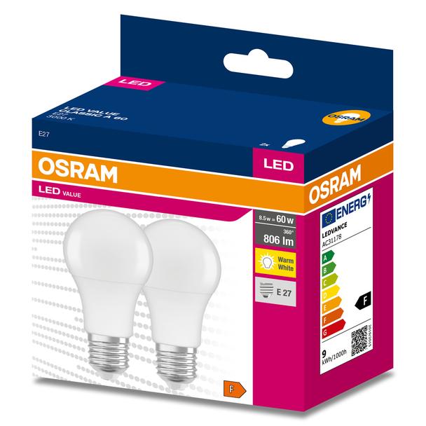 Żarówka LED x2 A60 E27 8W = 60W 806lm 3000K Ciepła 180° VALUE CLASSIC Osram