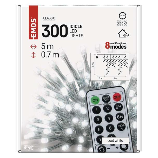 Lampki świąteczne SOPLE 300 LED 5m zimna biel 8 programów timer pilot D4CC02 EMOS