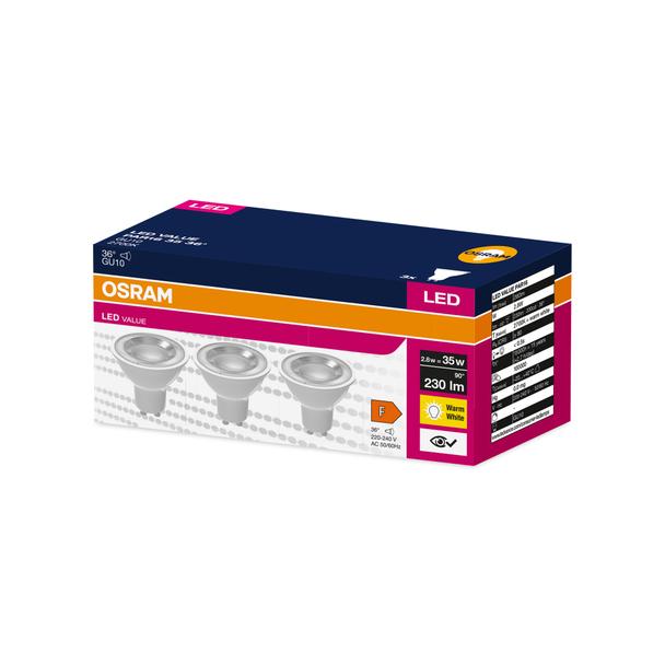Żarówka LED x3 PAR16 Reflektor GU10 2.8W = 35W 230lm 2700K Ciepła 36° VALUE Osram