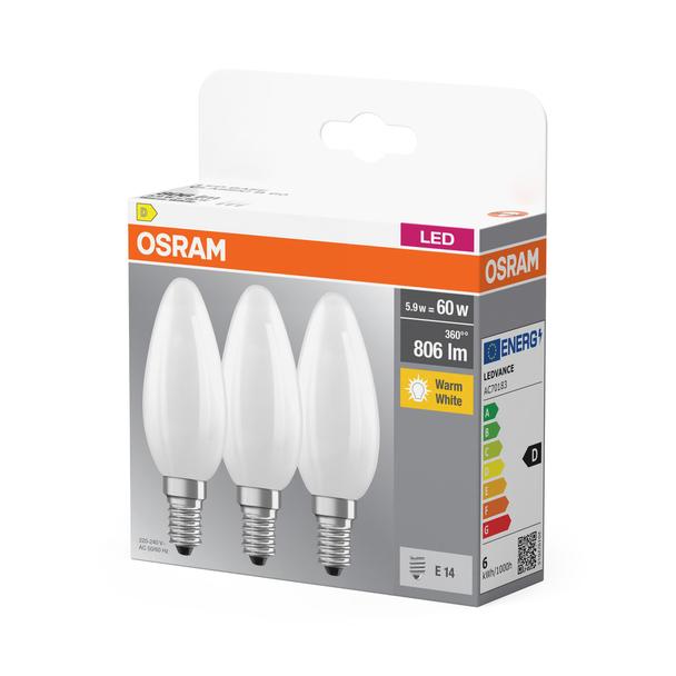 Żarówka LED x3 B35 Świeczka E14 5.5W = 60W 806lm 2700K Ciepła 300° BASE Osram