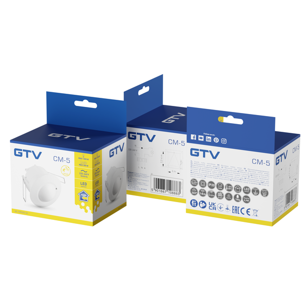 GTV CZUJNIK MIKROFALOWY RUCHU CM-5, max. 1200W, AC 220-240V, 50/60Hz, KĄT DZIAŁANIA 360*, ZASIĘG 1-8m ± 1,5- 3,5m, IP20, WSPÓŁPRACUJE Z LED, WPUSZCZANY, BIAŁY AE-CM5000-00 GTV Poland