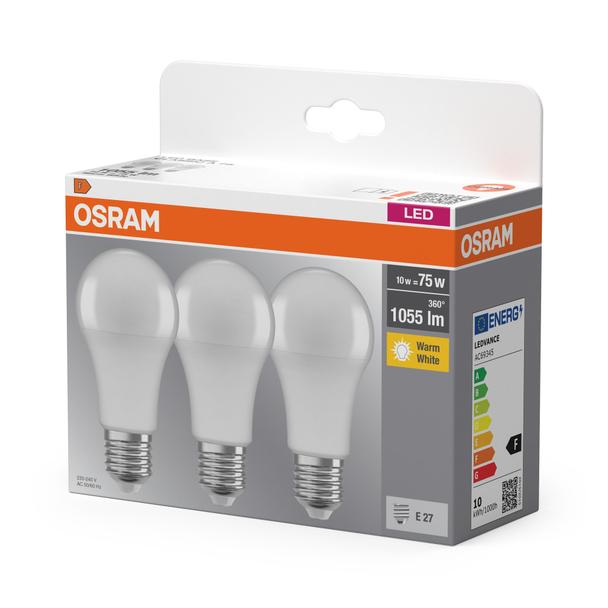 Żarówka LED x3 A60 E27 10W = 75W 1055lm 2700K Ciepła 150° BASE Osram