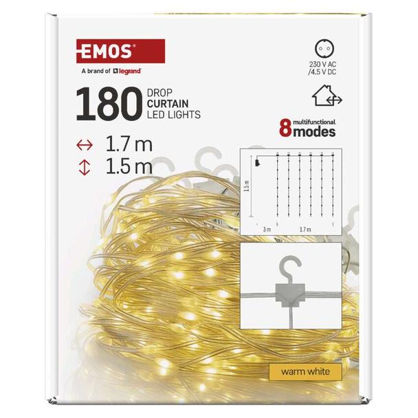 Lampki świąteczne 180 LED nano kurtyna 1,7x1,5m ciepła biel 8 programów IP44 D3EW02 EMOS