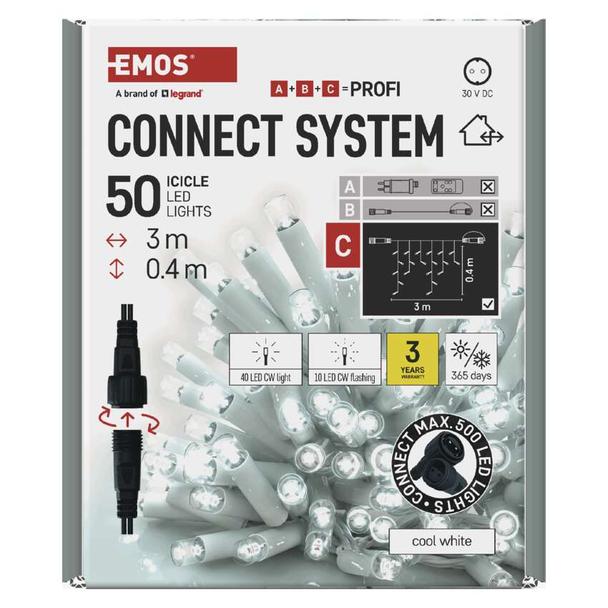 Oświetlenie łączone Profi sople 50 LED 3m zimna biel biały błyszcz. przewód IP44 timer D2CC04 EMOS