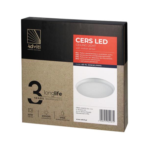 CERS LED 22W, plafon z mikrofalowym czujnikiem ruchu, 2000lm, IP65, 4000K, poliwęglan mleczny biały, AD-PL-6091WLPMM4 ORNO