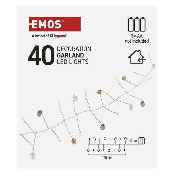 Lampki świąteczne girlanda cyrkonie 40 LED 1,2 m 3x AA ciepła biel IP20 timer DCGW16 EMOS