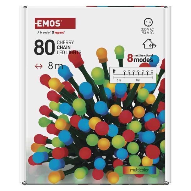 Lampki choinkowe 80 LED cherry 8m multikolor zielony przewód IP44 8 programów timer D5AM22 EMOS