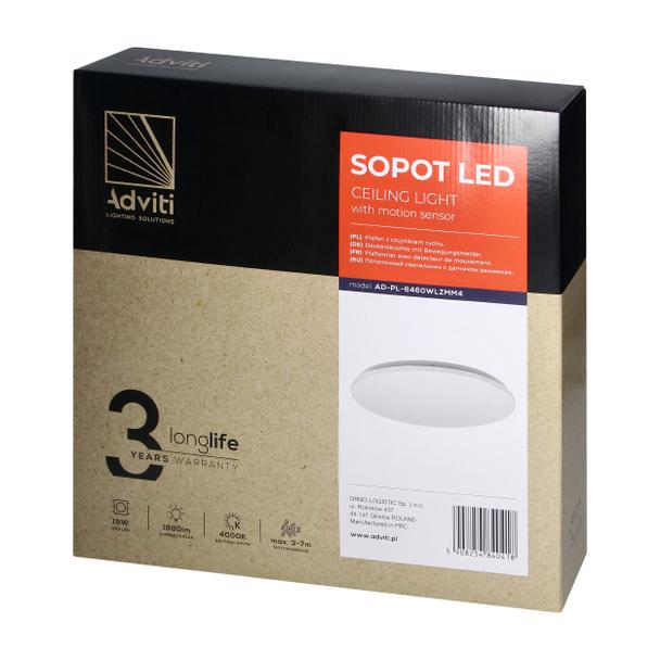 SOPOT plafon LED 18W z mikroflowym czujnikiem ruchu, 1880 lm, 4000K, klosz PVC, IP20 AD-PL-6460WLZMM4 ORNO