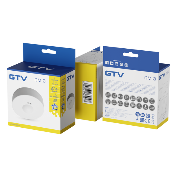 GTV CZUJNIK MIKROFALOWY RUCHU CM-3, max. 1200W, AC 220-240V, 50/60Hz, KĄT DZIAŁANIA 360*, ZASIĘG 1-8m ± 1,5- 3,5m, IP20, WSPÓŁPRACUJE Z LED, NATYNKOWY, BIAŁY AE-CM3000-00 GTV Poland