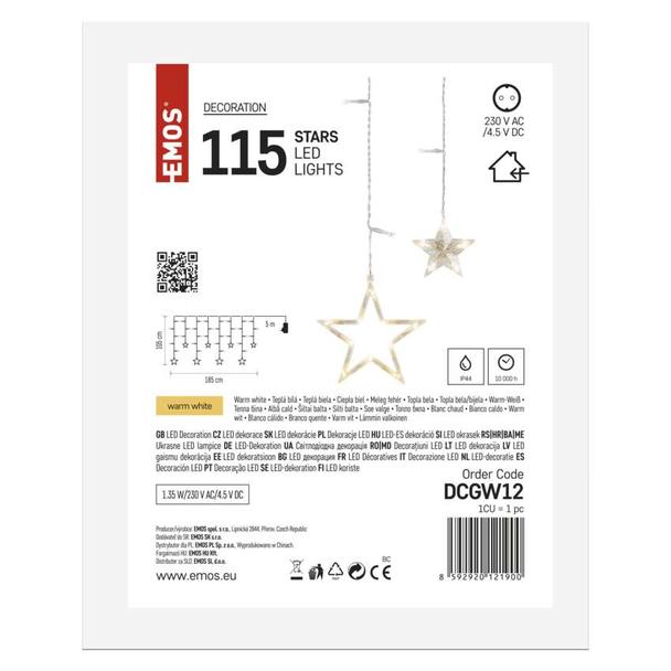 Dekoracje sople gwiazdki kurtyna 115 LED 185x105 cm ciepła biel, IP44 DCGW12 EMOS