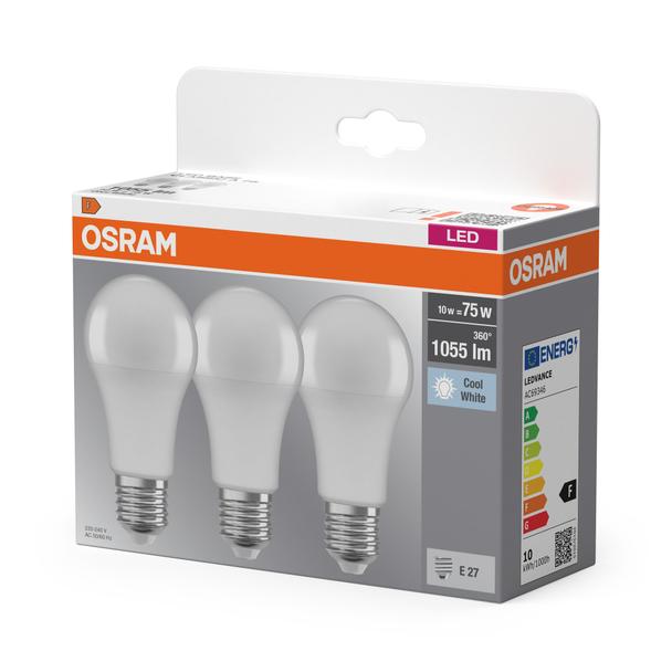 Żarówka LED x3 A60 E27 10W = 75W 1055lm 4000K Neutralna 150° BASE Osram