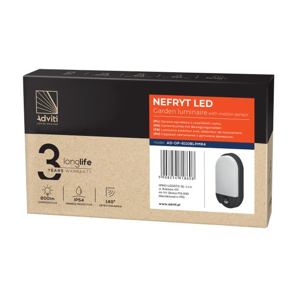 NEFRYT LED 10W, oprawa ogrodowa z czujnikiem ruchu, 800lm, IP54, 4000K, czarna AD-OP-6110BLPMR4 ORNO