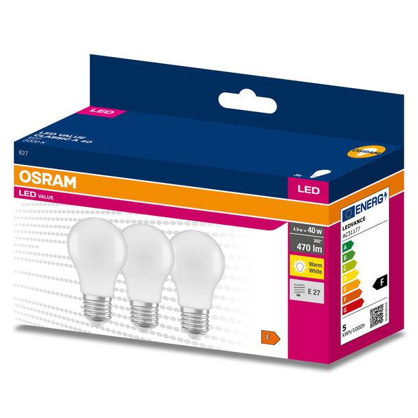 Żarówka LED x3 A55 E27 4.9W = 40W 470lm 3000K Ciepła 200° VALUE CLASSIC Osram