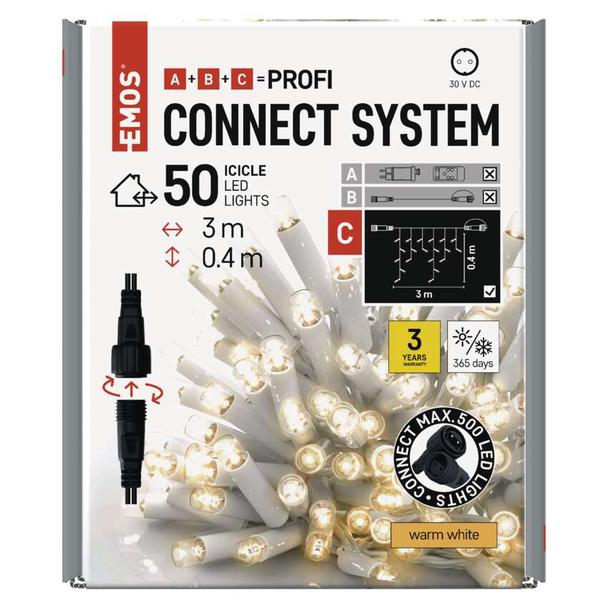 Lampki choinkowe łączone Profi sople 50 LED 3m ciepła biel biały przewód IP44 timer D2CW02 EMOS