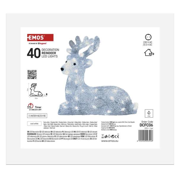 Świąteczny Renifer 40 LED 31x27cm zimna biel IP44 timer DCFC06 EMOS