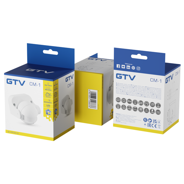 GTV CZUJNIK MIKROFALOWY RUCHU CM-1, max. 1200W, AC 220-240V, 50/60Hz, KĄT DZIAŁANIA 180*, ZASIĘG 1-8m ± 1,5- 3,5m, IP44, WSPÓŁPRACUJE Z LED, NATYNKOWY, BIAŁY AE-CM1000-00 GTV Poland