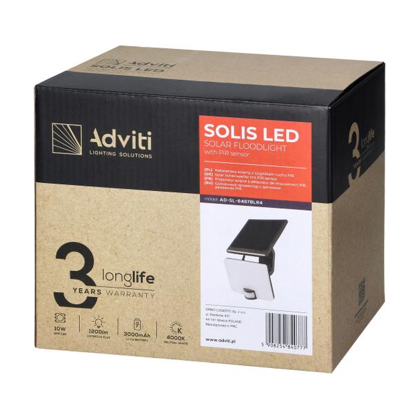 SOLIS LED 10W, naświetlacz solarny z czujnikiem ruchu PIR, 1200lm, IP54, 4000K, 3000 mAh, czarny AD-SL-6467BLR4 ORNO