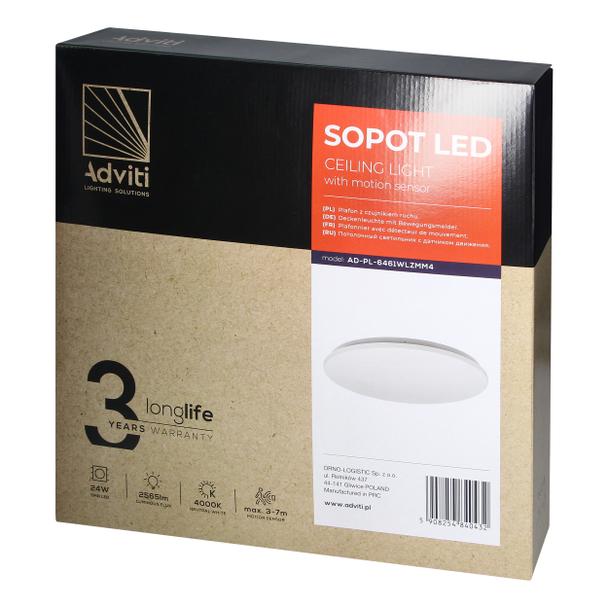 SOPOT plafon LED 24W z mikroflowym czujnikiem ruchu, 2565 lm, 4000K, klosz PVC, IP20 AD-PL-6461WLZMM4 ORNO