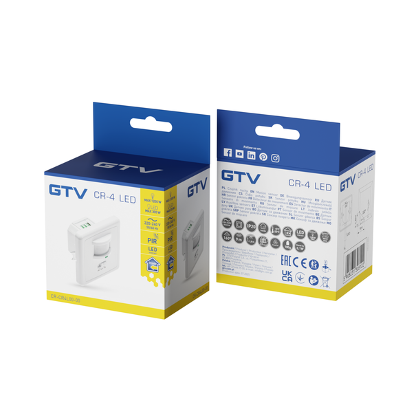 GTV CZUJNIK RUCHU CR-4 LED, MIN. 40W, max. 500W, AC 220-240V, 50/60Hz, KĄT DZIAŁANIA 160*, ZASIĘG 12M ± 1-2,5m, IP20, WSPÓŁPRACUJE Z LED, WPUSZCZANY, BIAŁY CR-CR4L00-00 GTV Poland