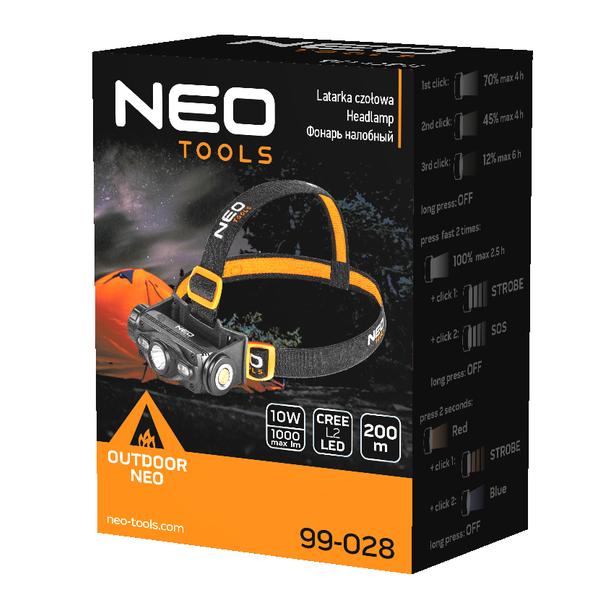 Latarka czołowa akumulatorowa USB 1000 lm czerwony/niebieski CREE LED + LED NEO TOOLS GTX 99-028 GTX Poland