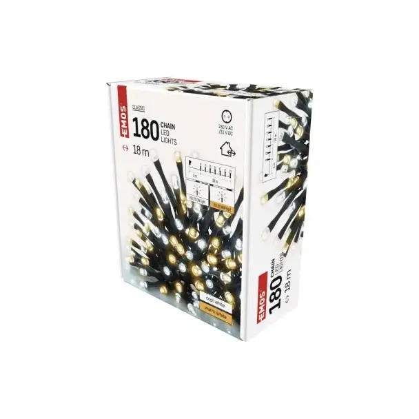 Lampki choinkowe Classic 180 LED 18m ciepła + zimna biel zielony przewód IP44 timer D4AN06 EMOS