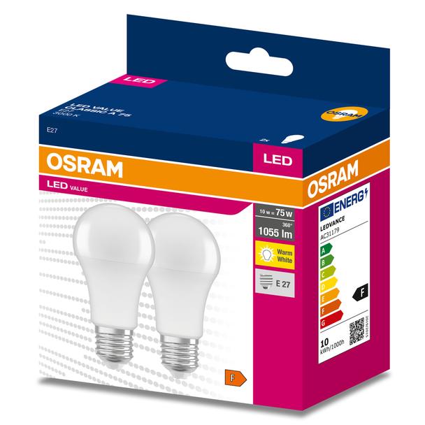 Żarówka LED x2 A60 E27 10W = 75W 1055lm 3000K Ciepła 200° VALUE CLASSIC Osram