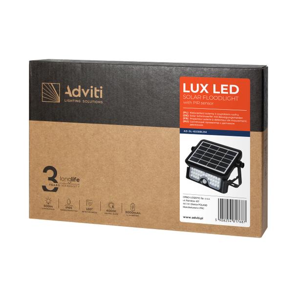 LUX LED 5W, naświetlacz solarny z czujnikiem ruchu 500lm, IP65, 4000K, 2x1500mAh, czarny AD-SL-6108BLR4 ORNO