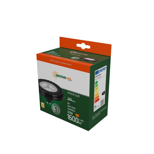 Żarówka LED AR111 GU10 230V 20W COB 30ST WW b. ciepła RA90 PREMIUM CZARNY 5 lat gw. Spectrum LED