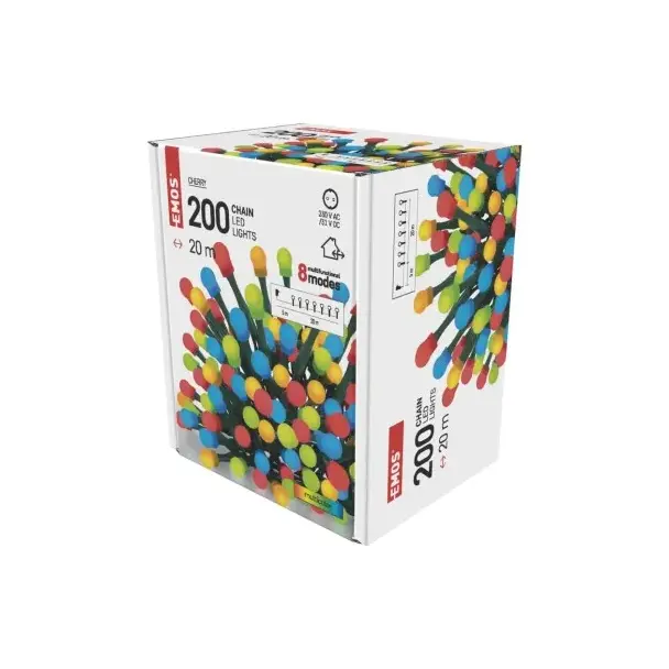 Lampki choinkowe 200 LED cherry 20m multikolor zielony przewód 8 programów IP44 D5AM06 EMOS