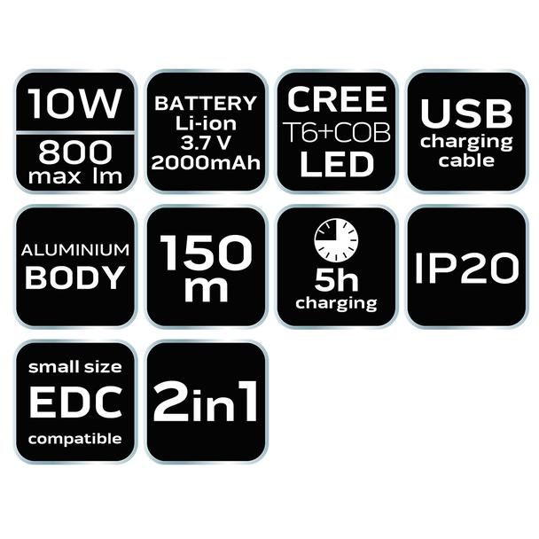 Latarka akumulatorowa USB 800lm 2w1 CREE T6 LED NEO TOOLS GTX 99-033 GTX Poland
