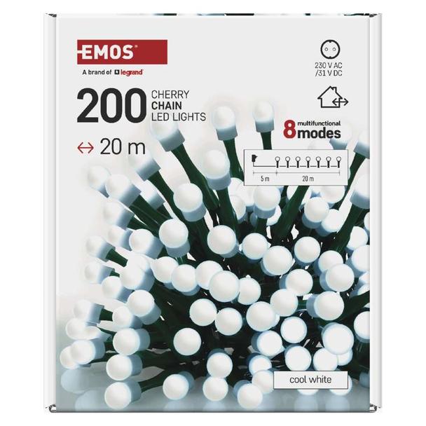 Lampki choinkowe 200 LED cherry 20m zimna biel zielony przewód IP44 8 programów timer D5AC23 EMOS