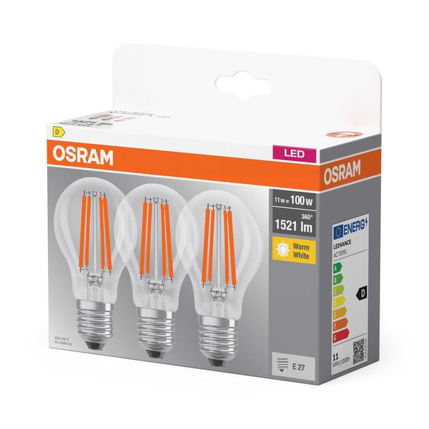 Żarówka LED x3 A60 E27 11W = 100W 1521lm 2700K Ciepła 320° Filament BASE Osram