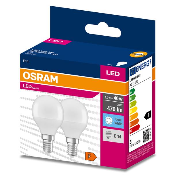 Żarówka LED x2 P45 Kulka E14 4.9W = 40W 470lm 4000K Neutralna 200° VALUE CLASSIC Osram