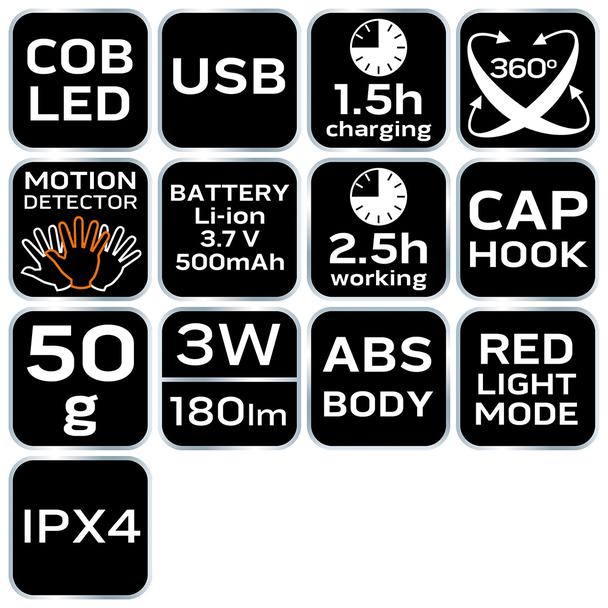 Latarka czołowa akumulatorowa USB 180 lm COB LED + czujnik ruchu NEO GTX 99-069 GTX Poland