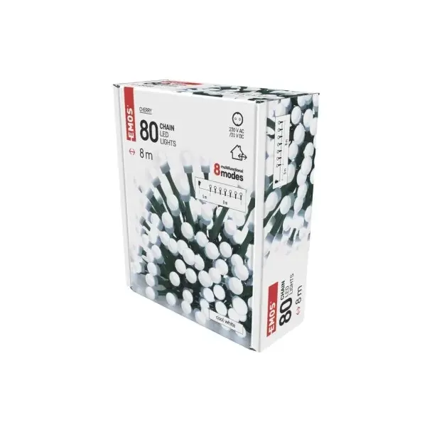 Lampki choinkowe 80 LED cherry 8m zimna biel zielony przewód 8 programów IP44 D5AC06 EMOS